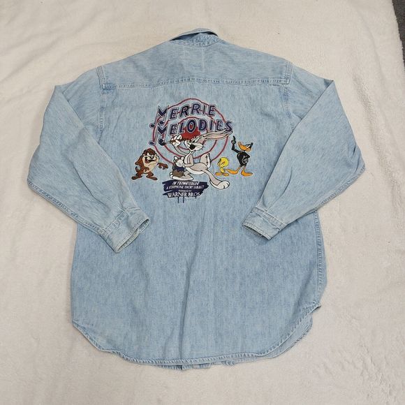 Vintage 90s Looney Tunes Embroidered Denim Long Sleeve Jean Shirt Size Medium - Picture 7 of 8